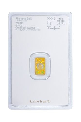 Rückseite Goldbarren Kinebar 1 Gramm in spezieller Blisterkarte mit Zertifikat, der Hersteller Heraeus
