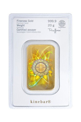 Vorderseite Goldbarren Kinebar 20 Gramm in spezieller Blisterkarte mit Zertifikat, der Hersteller Argor-Heraeus