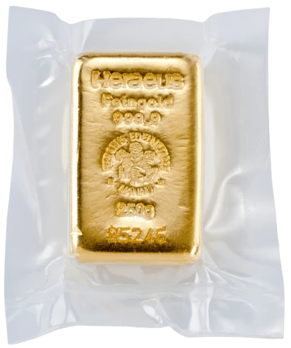 Vorderseite 250 Gramm Goldbarren Feingold 999,9 von Heraeus in Verpackung