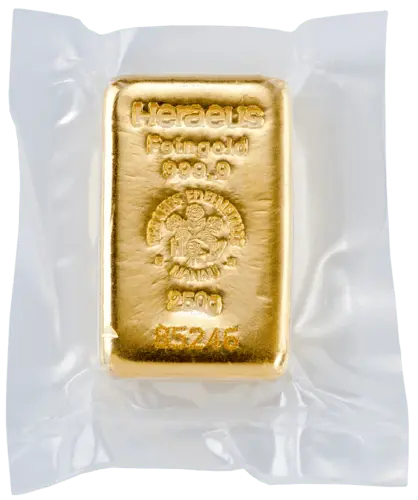 Vorderseite 250 Gramm Goldbarren Feingold 999,9 von Heraeus in Verpackung