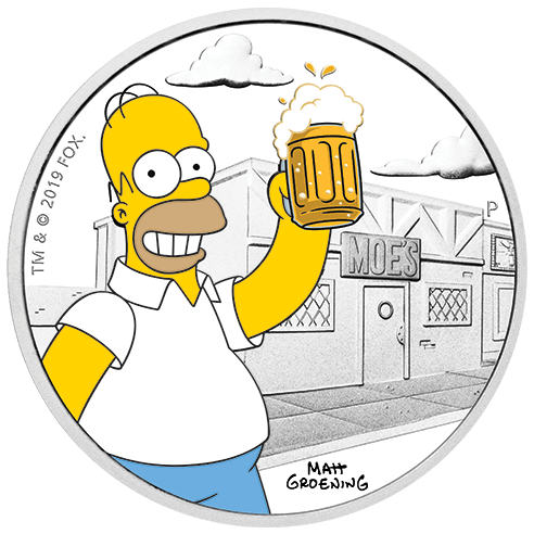 Vorderseite der 1 Unze Silber The Simpsons Homer Simpson 2019 - Polierte Platte von Hersteller Perth Mint