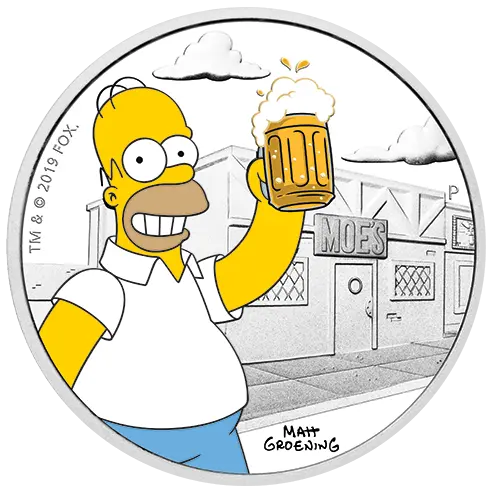 Vorderseite der 1 Unze Silber The Simpsons Homer Simpson 2019 Vorderseite der 1 Unze Silber The Simpsons Homer Simpson 2019