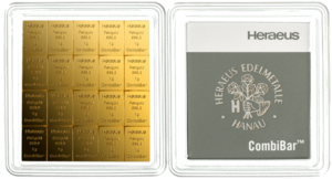 Rückseite Goldbarren CombiBar Goldtafel 20x1 Gramm in spezieller Blisterkarte mit Zertifikat, der Hersteller Heraeus