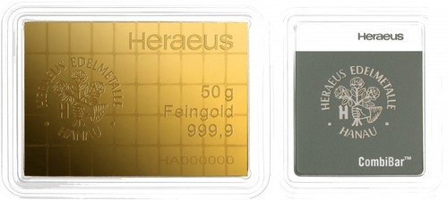 Vorderseite Goldbarren CombiBar Goldtafel 50x1 Gramm in spezieller Blisterkarte mit Zertifikat, der Hersteller Heraeus