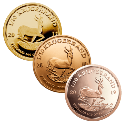 Vorderseite 3 Goldmünzen 1/10 Unze Krügerrand diverse Jahrgänge, der Hersteller South African Mint
