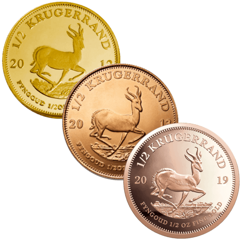 Vorderseite 3 Goldmünzen 1/2 Unze Krügerrand diverse Jahrgänge, der Hersteller South African Mint