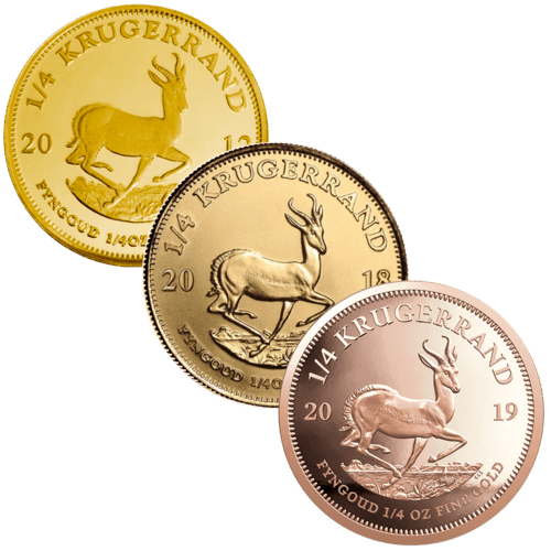 Vorderseite 3 Goldmünzen 1/4 Unze Krügerrand diverse Jahrgänge, der Hersteller South African Mint