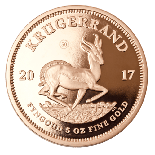 Vorderseite Goldmünze 5 Unzen Krügerrand 50th Anniversary 2017 - Polierte Platte, der Hersteller South African Mint