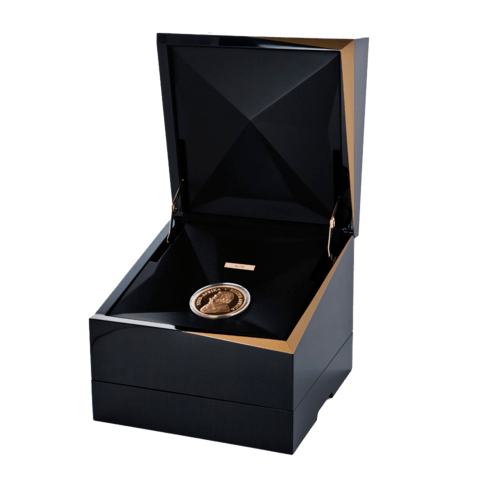 50 Unzen Goldmünze Krügerrand 2017 Proof-Qualität einzeln verpackt in einer Münzkapsel und in einem schwarzen Münzetui der South African Mint