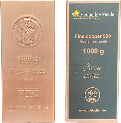 Two 1 kg copper ingots Heimerle and Meule front &back with real heating certificate, from the manufacturer Heimerle + Meule
