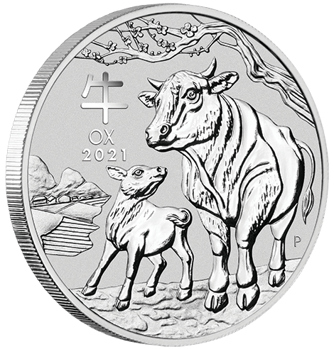 Vorderseite und Rand der 1 Unze Silber Lunar III Ochse 2021 von Hersteller Perth Mint