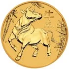 Vorderseite Goldmünze 1 Unze Lunar III Ochse 2021 , der Hersteller Perth Mint Australia Vorderseite Goldmünze 1 Unze Lunar III Ochse 2021 , der Hersteller Perth Mint Australia