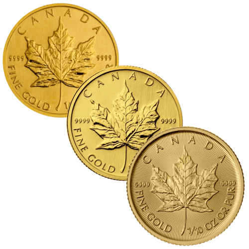 Vorderseite Goldmünze 1/10 Unze Maple Leaf diverse Jahrgänge, der Hersteller Royal Canadian Mint	