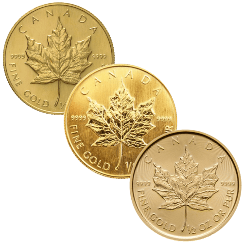 Vorderseite 3 Goldmünzen 1/2 Unze Maple Leaf diverse Jahrgänge, der Hersteller Royal Canadian Mint