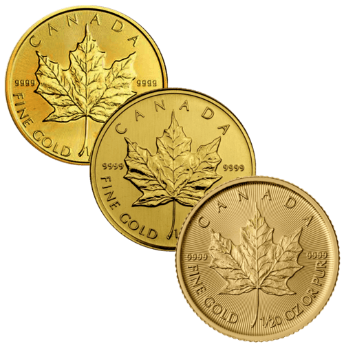 Vorderseite 3 Goldmünzen 1/20 Unze Maple Leaf diverse Jahrgänge, der Hersteller Royal Canadian Mint