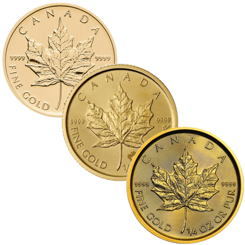 Vorderseite 3 Goldmünzen 1/4 Unze Maple Leaf diverse Jahrgänge, der Hersteller Royal Canadian Mint