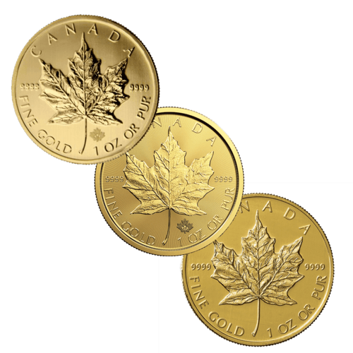 Vorderseite von 3 Goldmünzen 1 Unze Maple Leaf diverse Jahrgänge, der Hersteller Royal Canadian Mint