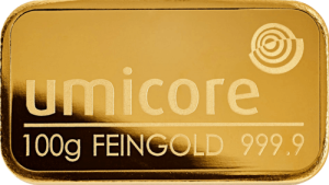 100 g Goldbarren Umicore geprägt