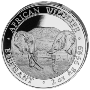 Vorderseite der 2 Unzen Silber Somalia Elefant 2020 von Hersteller Geiger Edelmetalle AG