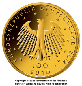 Rückseite Goldmünze 1/2 Unze 100 Euro Deutschland 2012 UNESCO Welterbe - Aachener Dom, der Hersteller Div. dt. Prägeanstalten