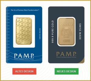 Neues und altes Design PAMP Suisse Goldbarren 1 oz