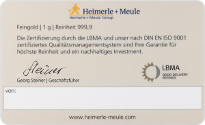 1 g Goldbarren FineCard Rückseite Heimerle und Meule