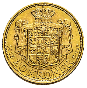 Rückseite Goldmünze 8,06 Gramm 20 Kronen Dänemark diverse Jahrgänge, der Hersteller Dansk mønt