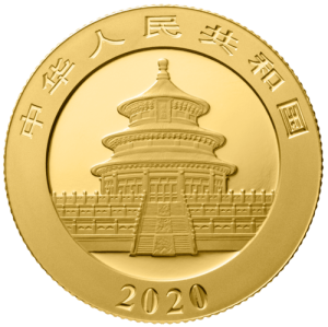Rückseite Goldmünze 3 Gramm China Panda 2020, der Hersteller China Mint / China Gold Coin Inc./ Shanghai Mint