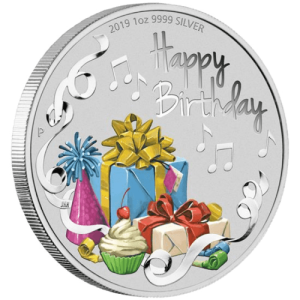 Vorderseite und Rand 1 Unze Silber Happy Birthday 2019 von Hersteller Perth Mint