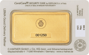 100 g Goldbarren C. Hafner geprägt Rückseite