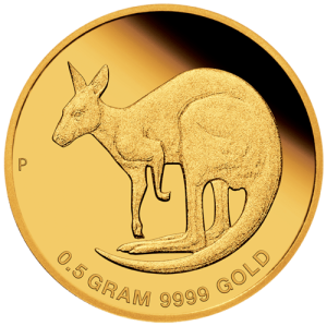 Vorderseite Goldmünze 0,5 Gramm Australien Mini Roo 2021, der Hersteller Perth Mint Australia