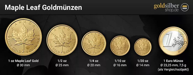 Size comparison Maple Leaf gold coin