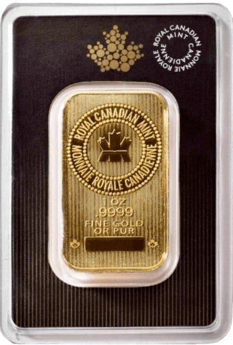 Vorderseite Goldbarren 1 Unze in spezieller Blisterkarte mit Zertifikat, der Hersteller Royal Canadian Mint