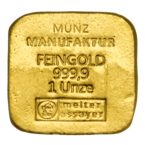 Vorderseite Goldbarren Quadratform 1 Unze, der Hersteller MünzManufaktur