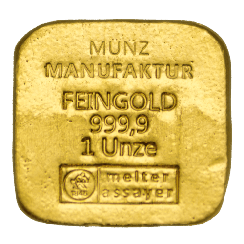 Vorderseite Goldbarren Quadratform 1 Unze, der Hersteller MünzManufaktur