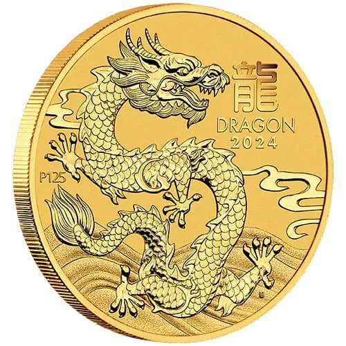 1/10 Unze Gold Lunar III Drache 2024 Vorderseite mit Rand
