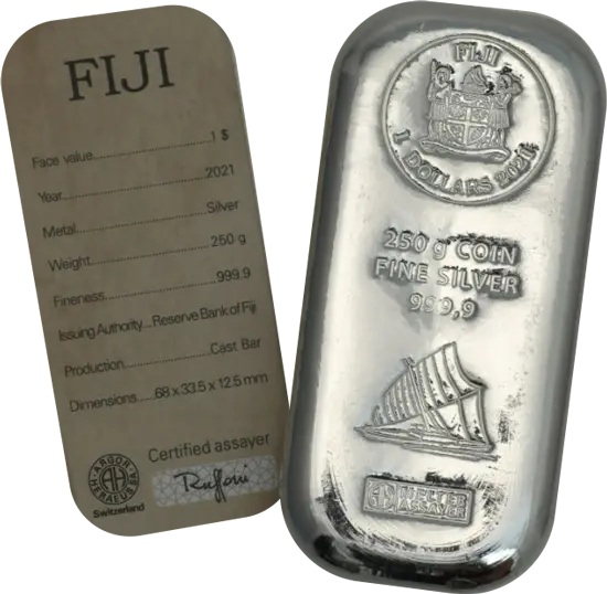 250 g Silber Argor Heraeus Fiji Islands Münzbarren gegossen von Hersteller Argor-Heraeus inkl. Echtheitszertifikat