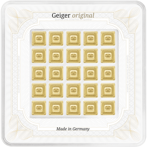 Vorderseite Goldbarren original Multicard 25x1 Gramm, der Hersteller Geiger Edelmetalle AG
