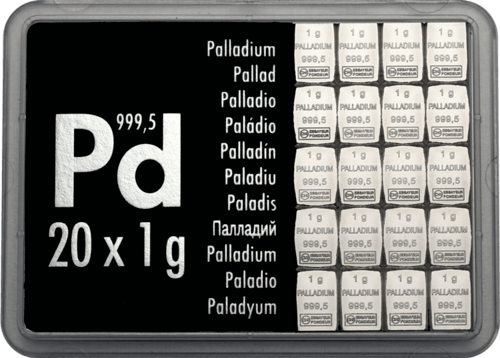 Vorderseite 20 x 1 g CombiBar Palladiumtafel