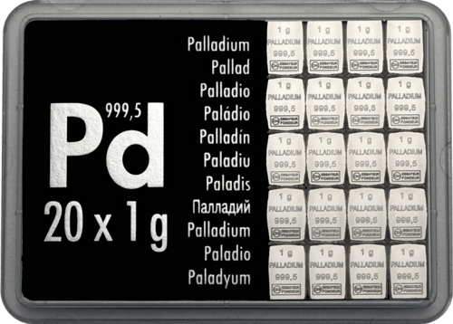 Vorderseite 20 x 1 g CombiBar Palladiumtafel 