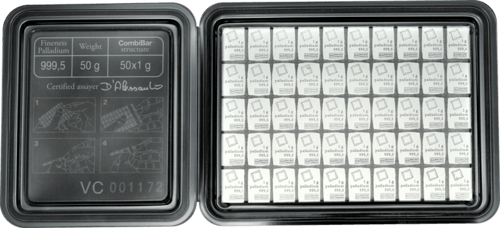 Vorderseite 50 x 1 g CombiBar Palladiumtafel