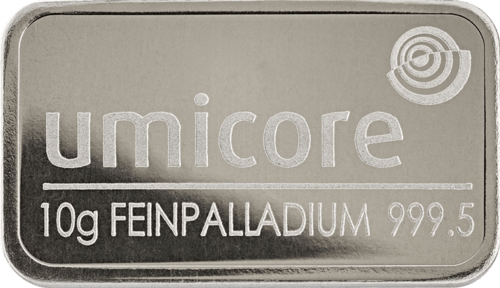 Vorderseite 10 g Palladiumbarren Umicore geprägt