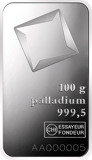100 g Palladiumbarren Valcambi geprägt (differenzbesteuert)
