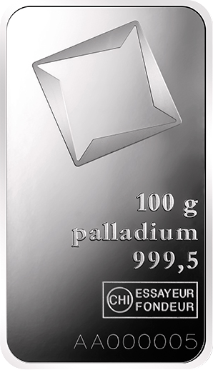 Vorderseite  100 g Palladiumbarren Valcambi geprägt