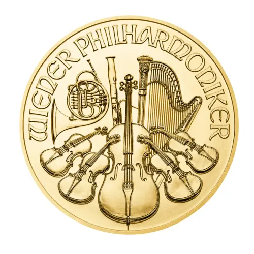 Vorderseite Goldmünze 1/25 Unze Wiener Philharmoniker diverse Jahrgänge, der Hersteller Münze Österreich