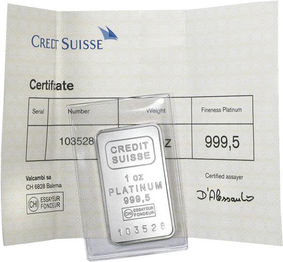 1 Unze Platinbarren Credit Suisse einzeln im Blister verschweißt, inkl. Echtheitszertifikat