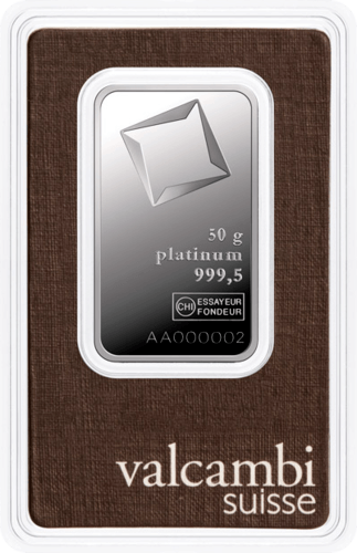 50 g Platinbarren Valcambi geprägt