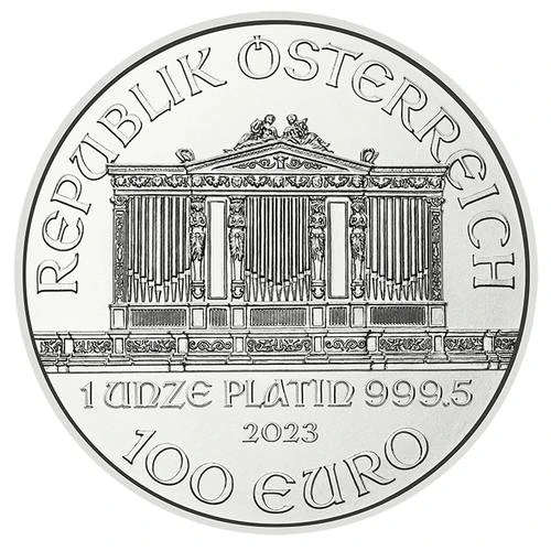 Rückseite der 1 Unze Platin Wiener Philharmoniker 2023 vom Hersteller Münze Österreich