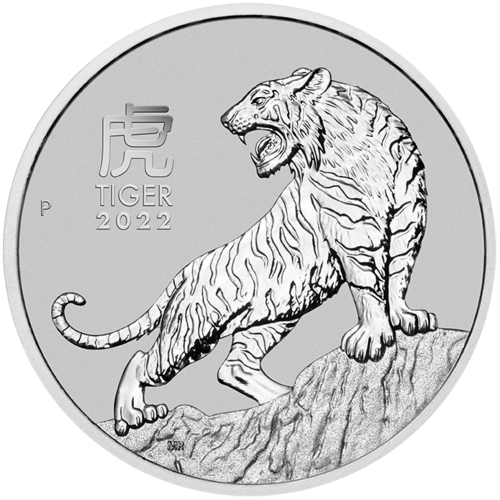 Vorderseite der 1 Unze Platin Lunar III Tiger 2022 Münze vom Hersteller Perth Mint