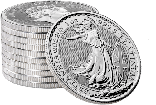 1 Unze Platin Britannia 2022 Münze vom Hersteller Royal Mint gestapelt
